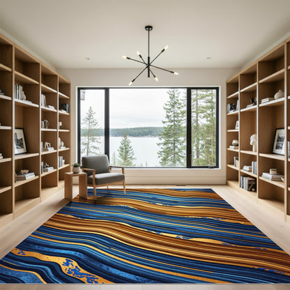 Golden Fluid Wave Abstract Navy Rug