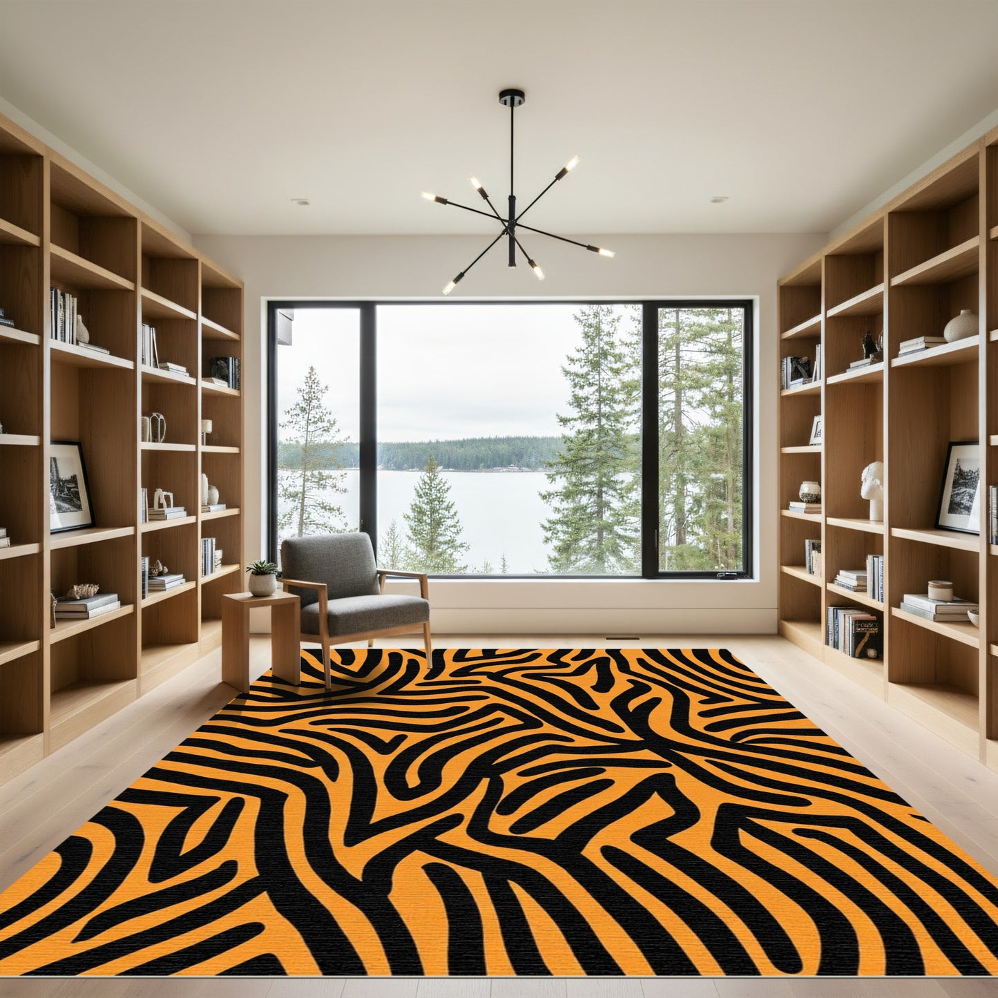 Dynamic Orange Black Wavy Lines Rug