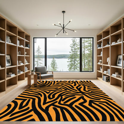 Dynamic Orange Black Wavy Lines Rug