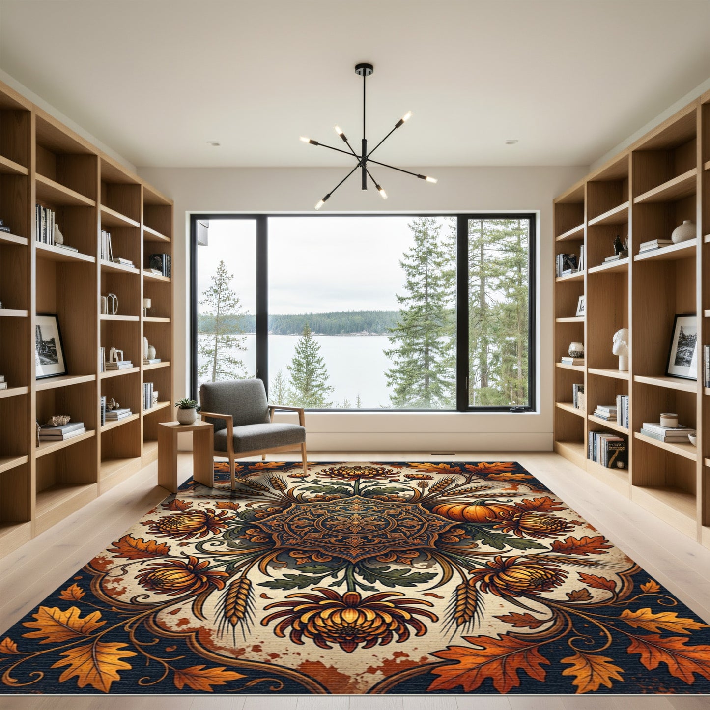 Autumnal Golden Chrysanthemum Floral Medallion Rug