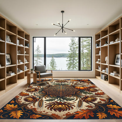 Autumnal Golden Chrysanthemum Floral Medallion Rug