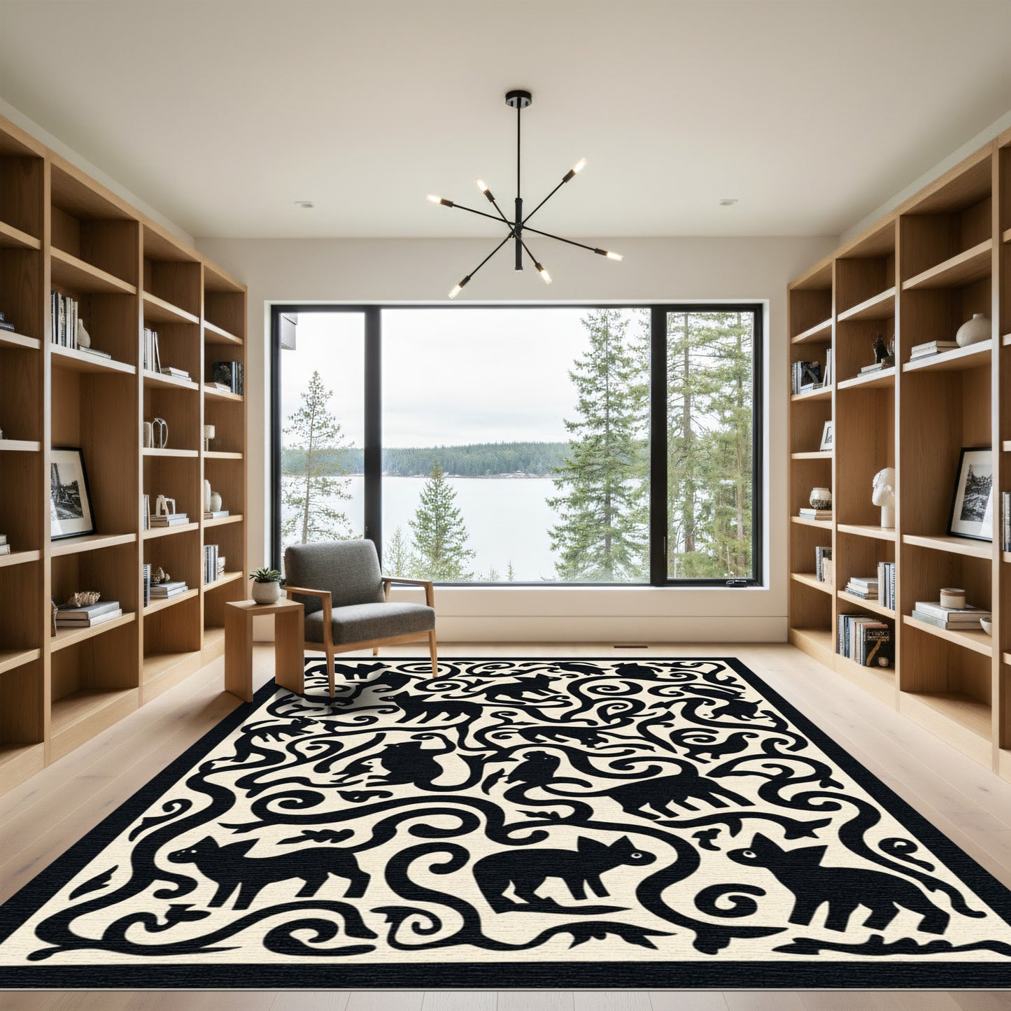 Whimsical Black Cats Woodland Scroll Rug