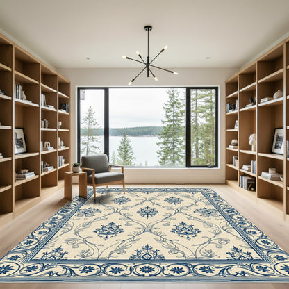 Classic Blue Floral Damask Scrolls Rug