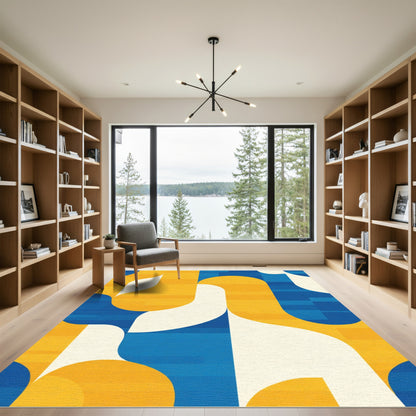 Modern Blue Yellow Abstract Swirl Rug
