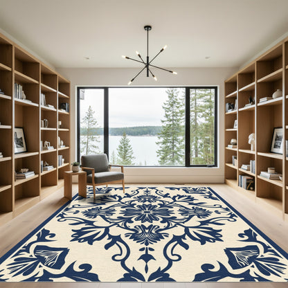 Navy Floral Damask Scrolling Vines Rug
