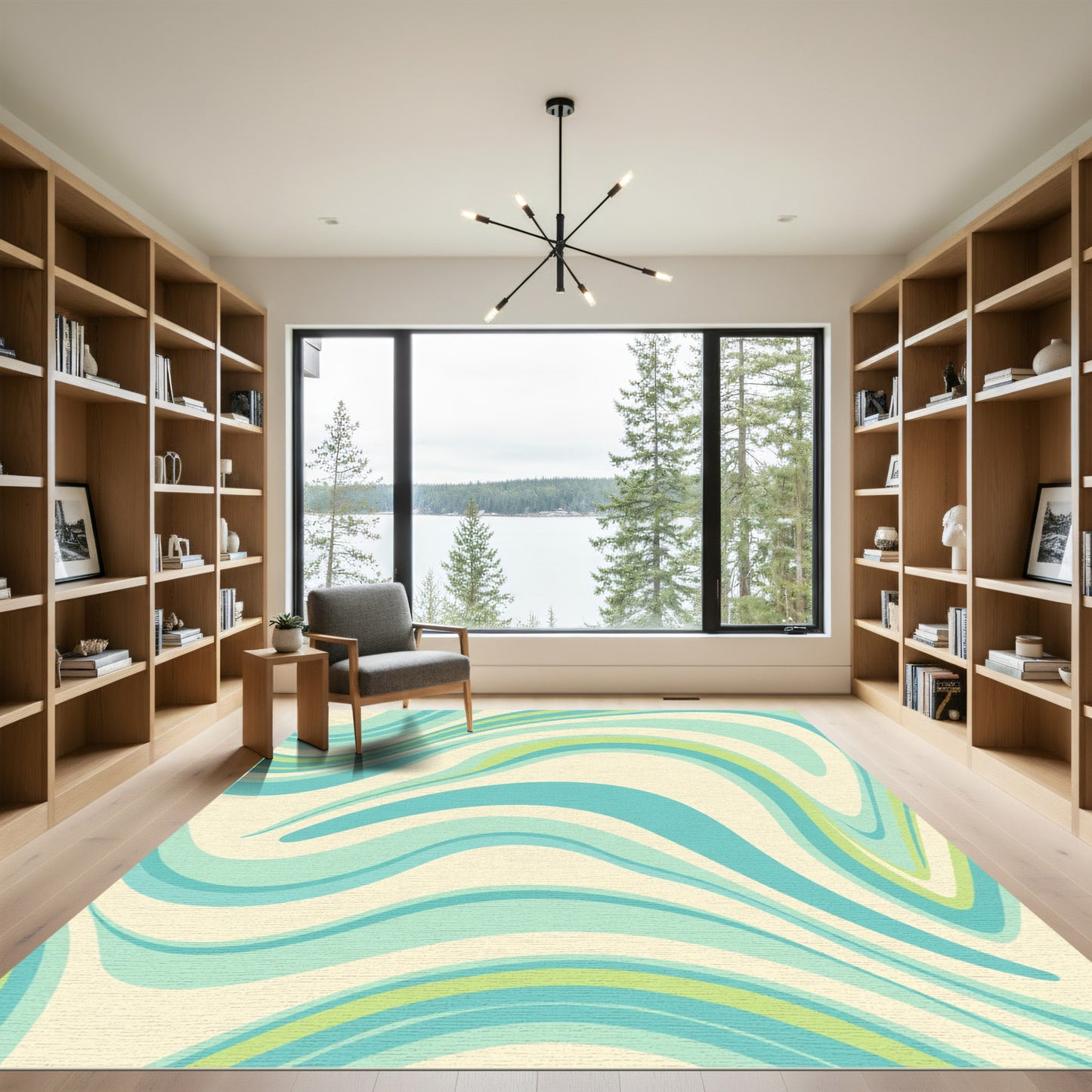 Aqua Teal Cream Swirl Wave Rug