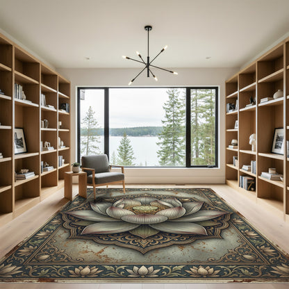 Elegant Muted Gray Lotus Mandala Rug