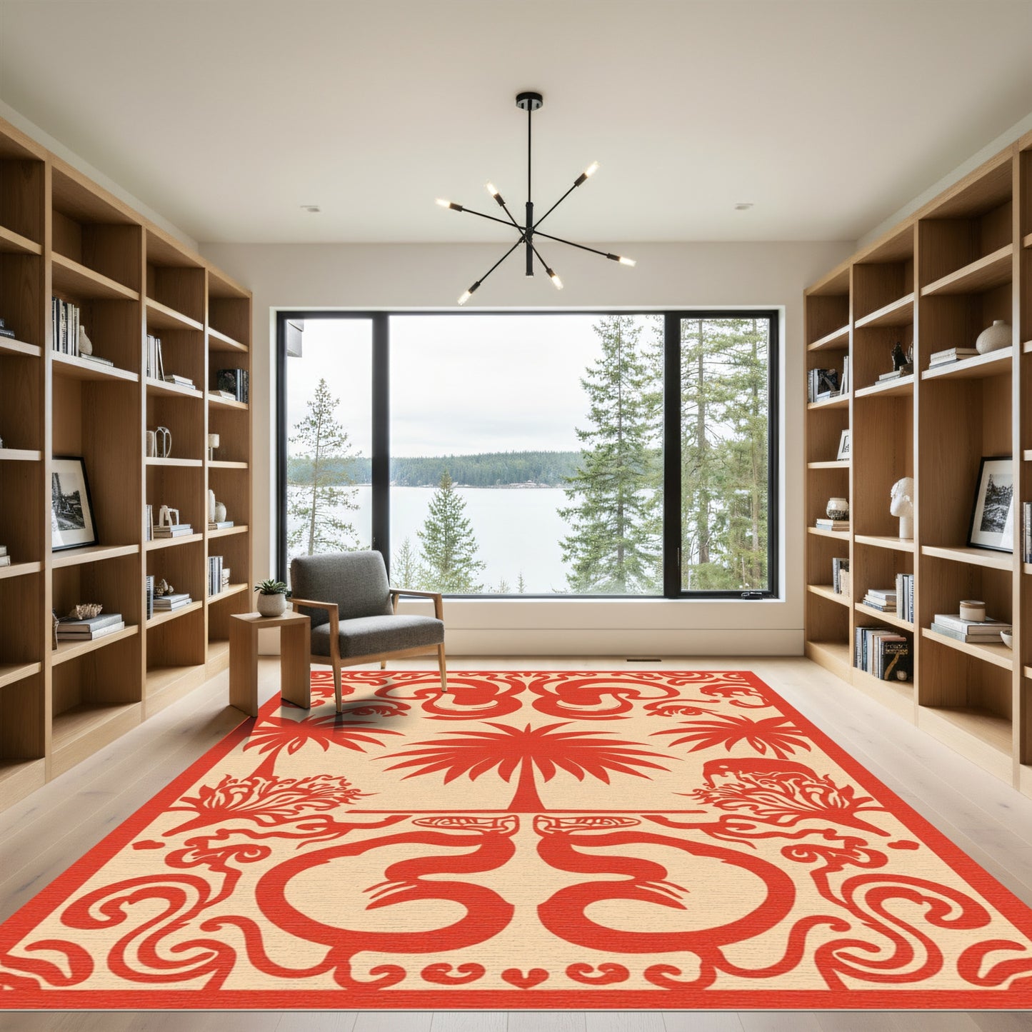 Red Palm Tree Elephant Fauna Border Rug