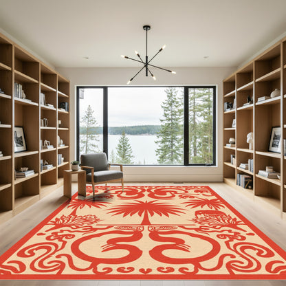 Red Palm Tree Elephant Fauna Border Rug