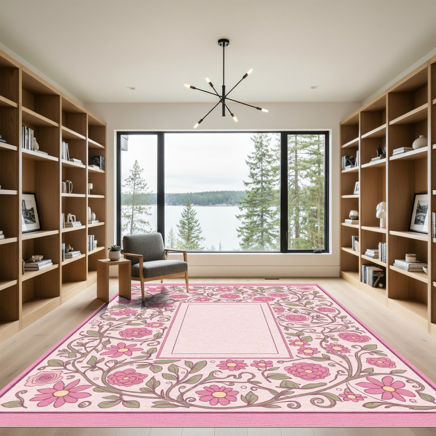Sweet Pink Floral Vine Border Rug