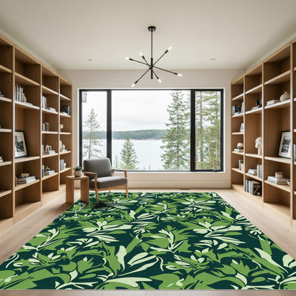 Deep Green Leafy Branch Arrangement Rug