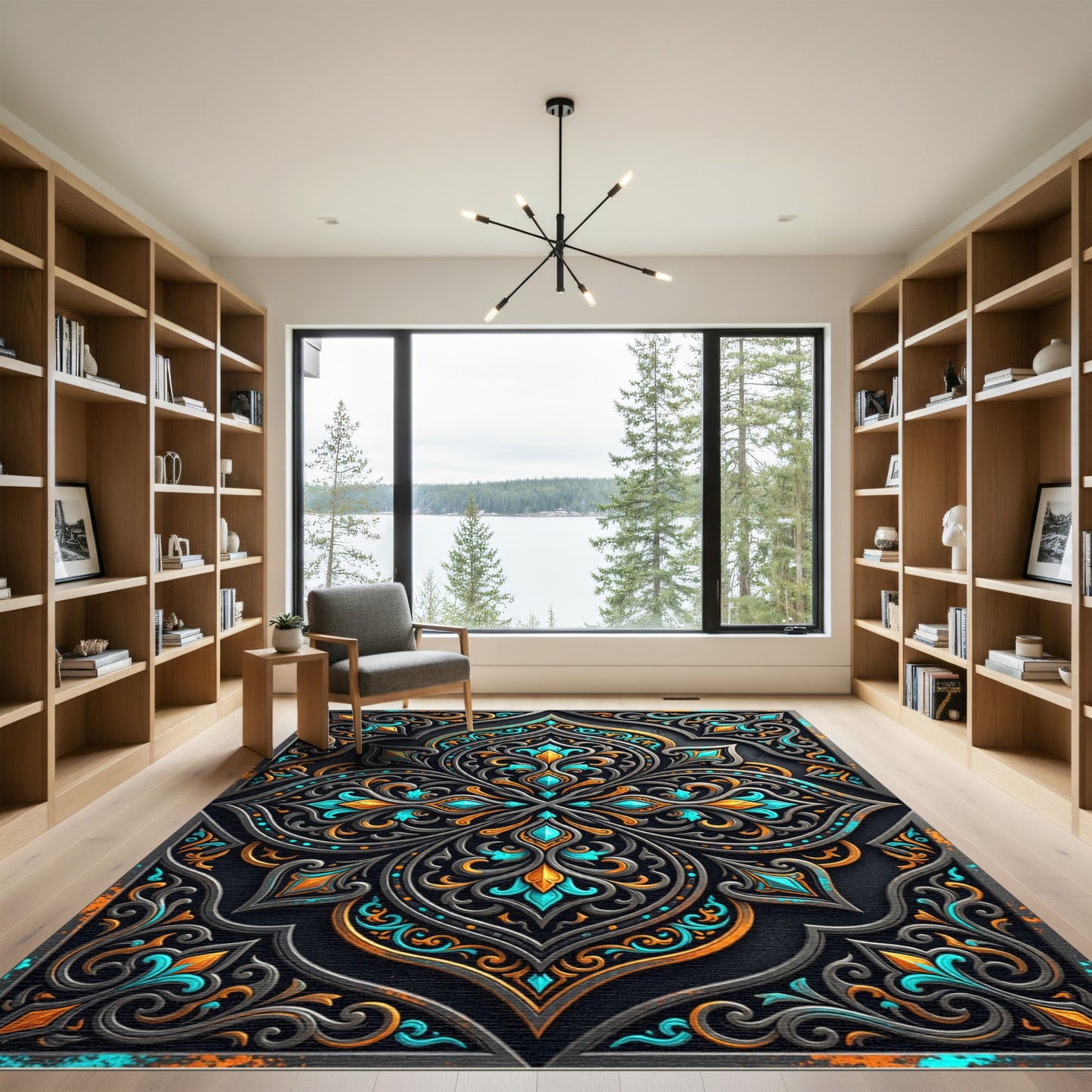Ornate Gold and Turquoise Filigree Medallion Rug
