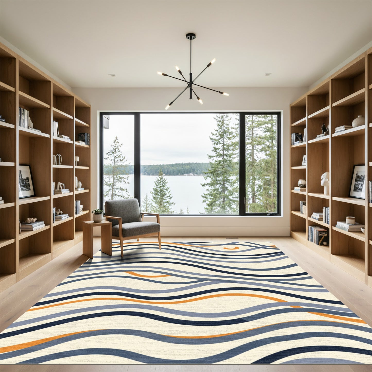 Cream Navy Orange Abstract Waves Rug