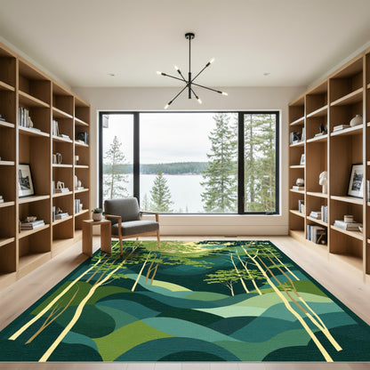 Emerald Forest Landscape Sunlit Hills Rug