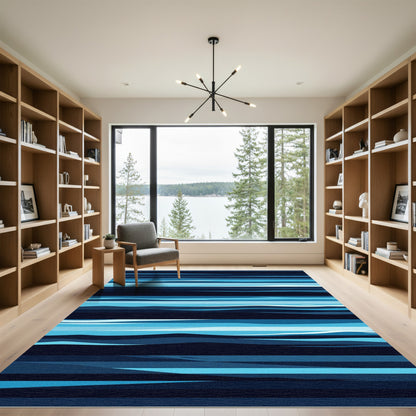 Contemporary Deep Blue Horizontal Wavy Stripe Rug