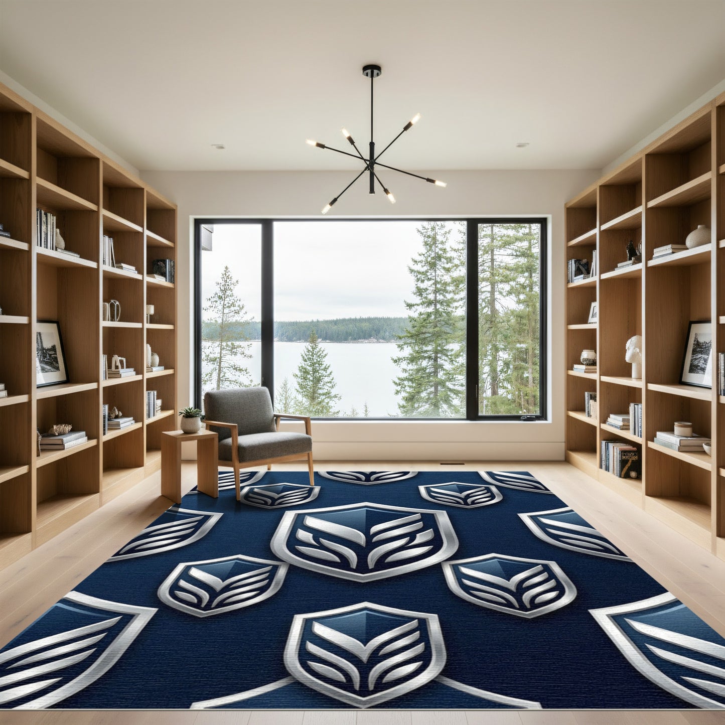 Elegant Navy Silver Geometric Shield Rug