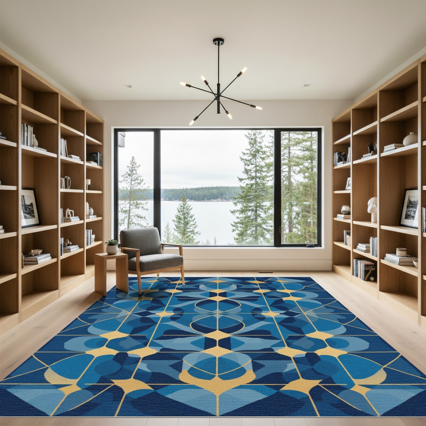 Blue Golden Geometric Abstract Mosaic Rug