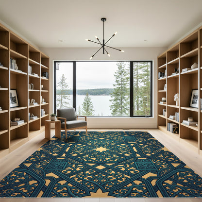 Ornate Teal Geometric Star Medallion Rug