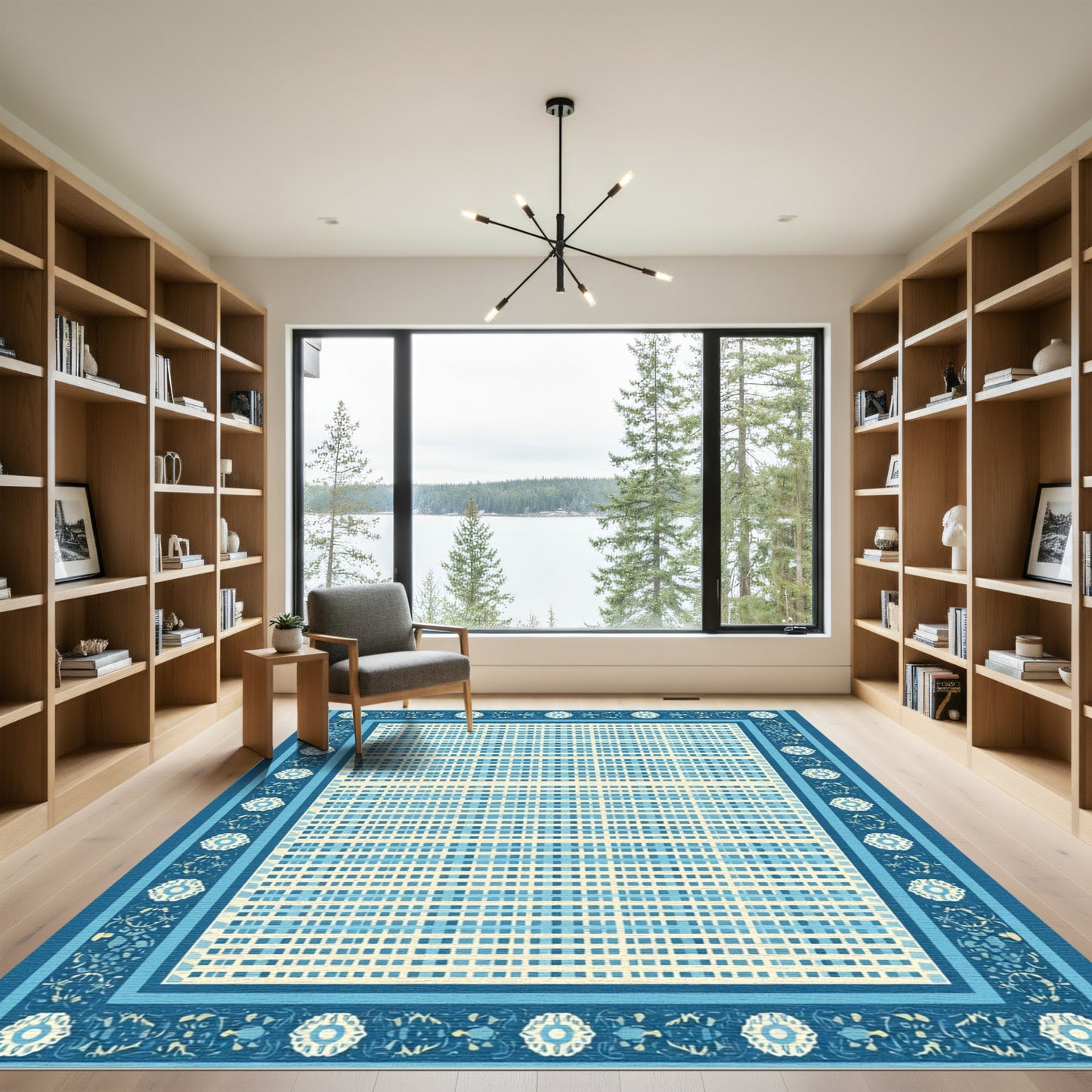 Traditional Blue Floral Lattice Rug