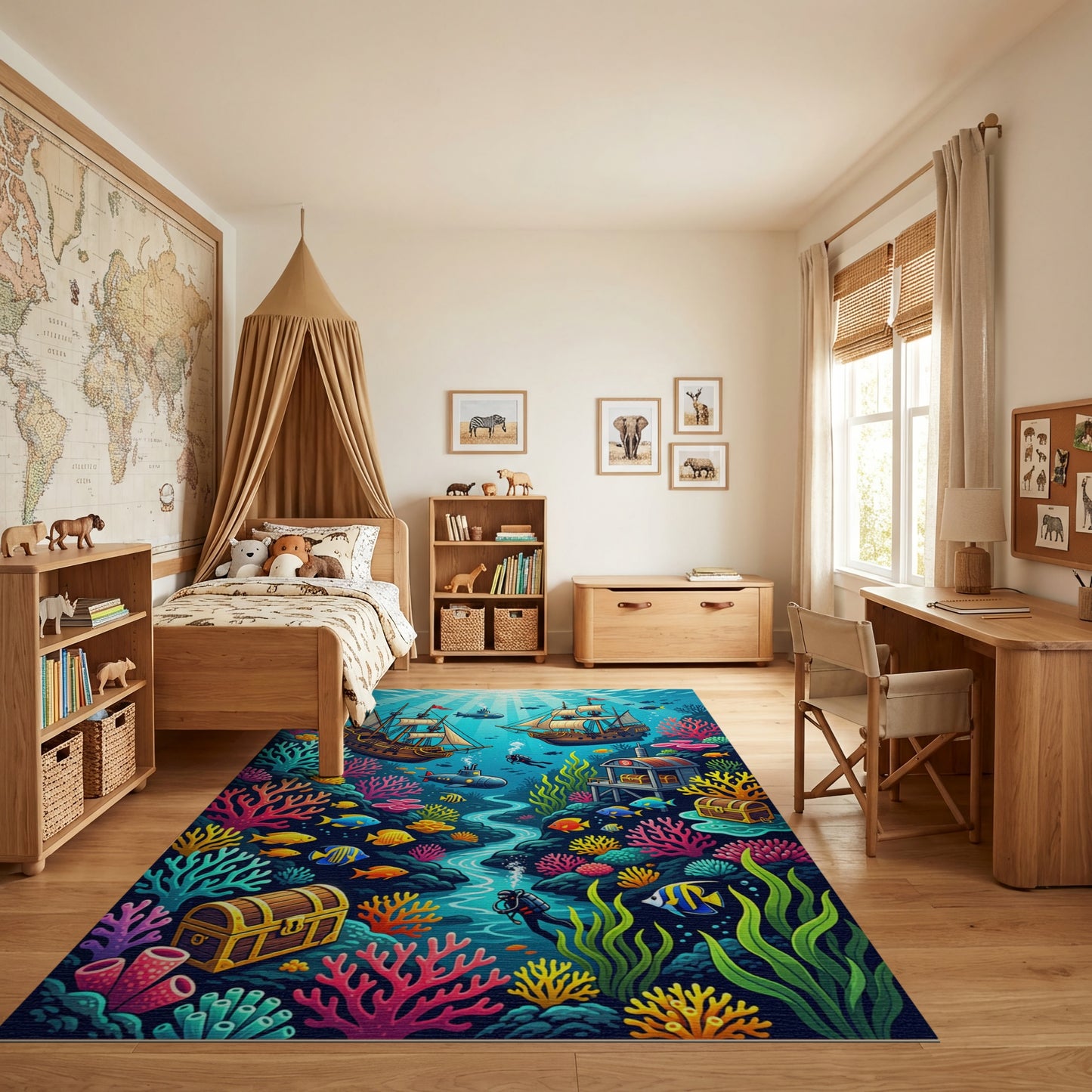 Vibrant Underwater Sunken Ships Coral Treasure Rug