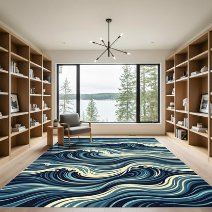 Deep Blue Abstract Ocean Waves Rug