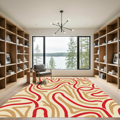 Bold Red Tan Wavy Lines Rug