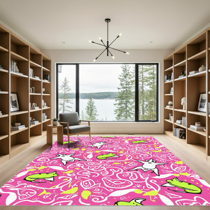 Whimsical White Dog Pink Swirls Rug