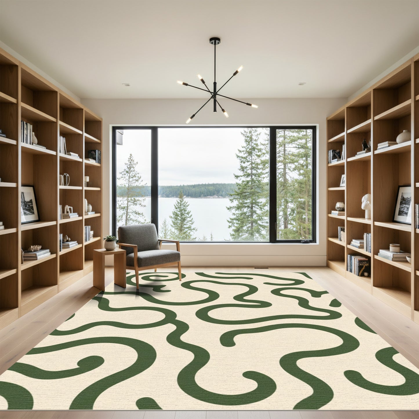 Olive Swirl Abstract Organic Lines Rug
