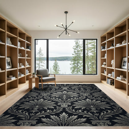 Black White Acanthus Leaf Damask Rug