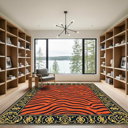 Bold Orange Black Tiger Stripe Border Rug