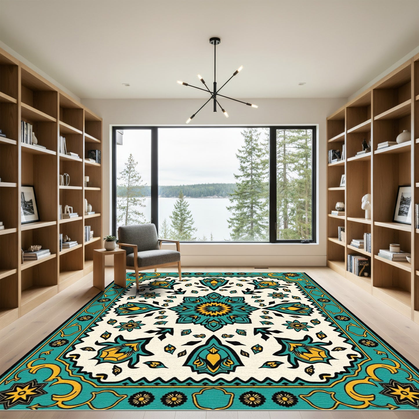 Teal Yellow Floral Medallion Border Rug