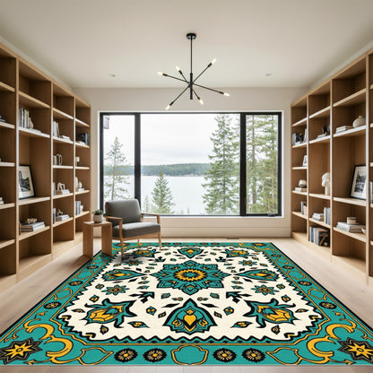 Teal Yellow Floral Medallion Border Rug