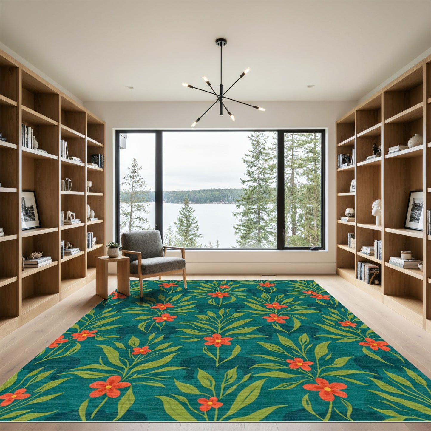 Teal Tropical Floral Elephant Silhouette Rug