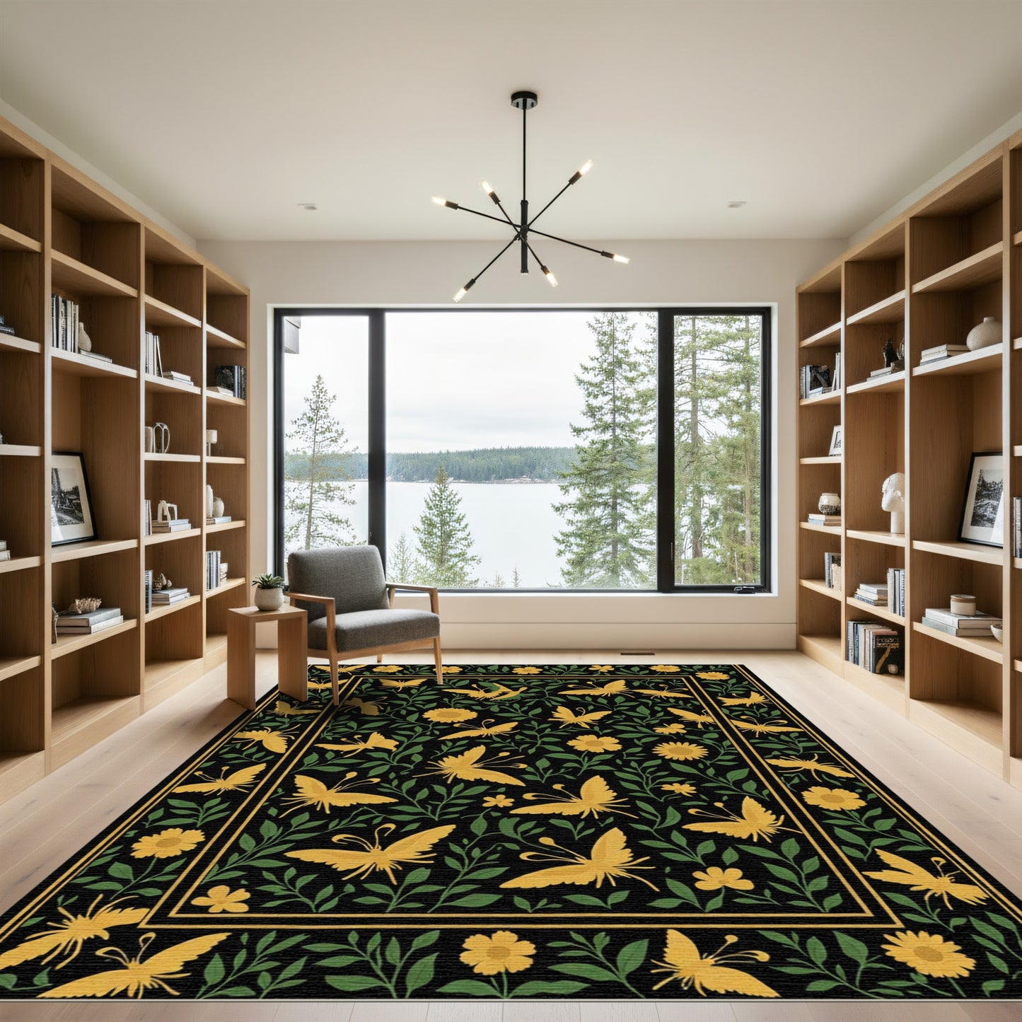 Golden Butterfly Meadow Black Rug