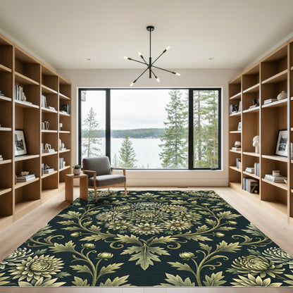 Elegant Sage Green Chrysanthemum Floral Medallion Rug