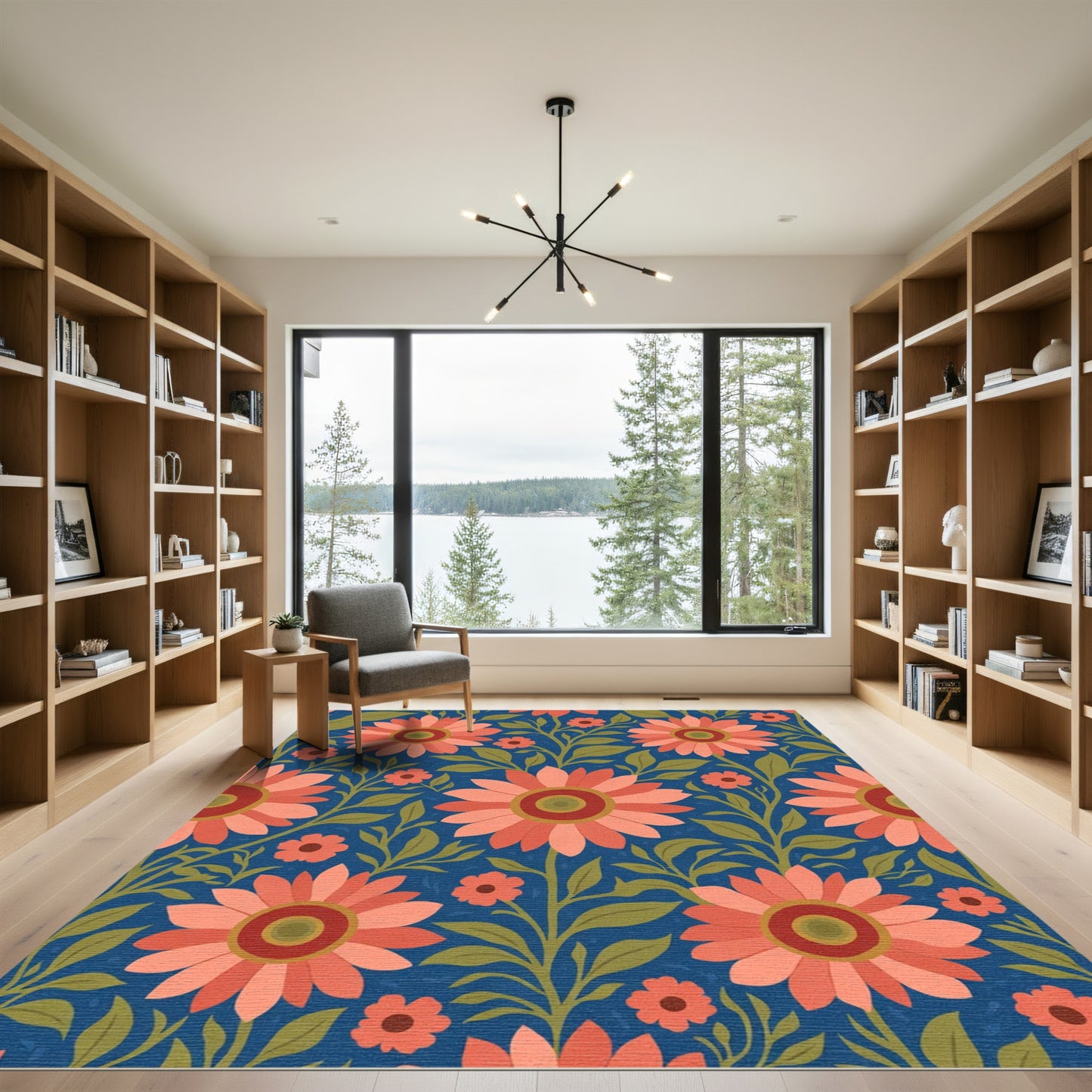 Coral Sunflower Vine Navy Rug