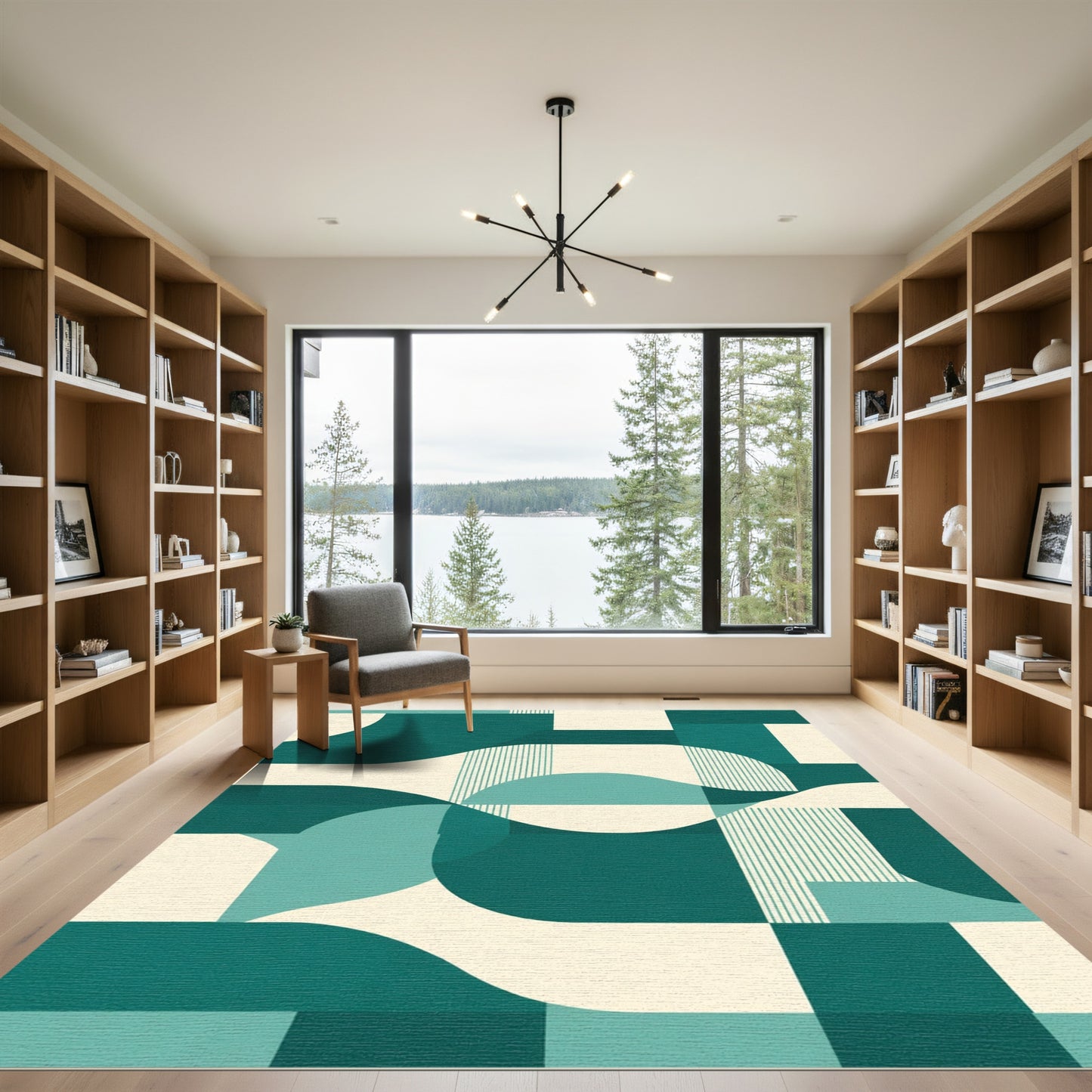 Teal Cream Abstract Geometric Waves Rug