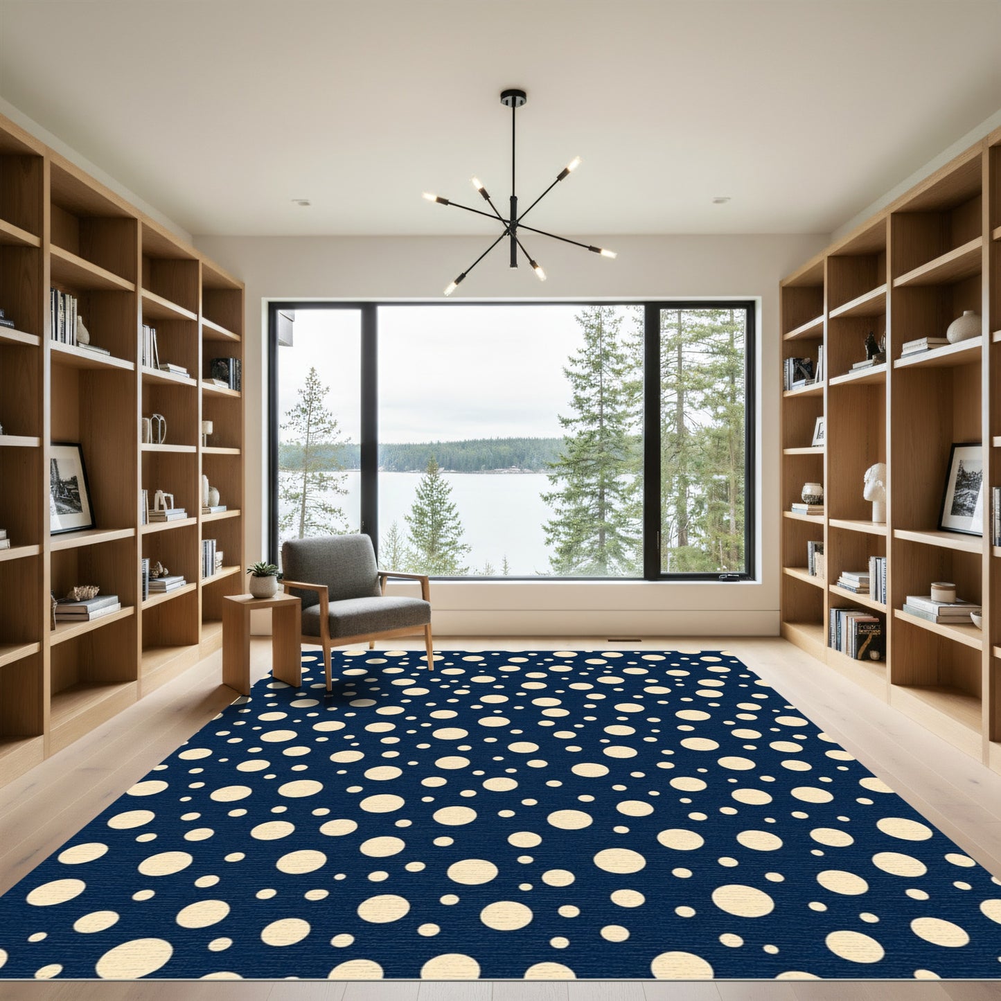 Cream Polka Dot Navy Background Rug