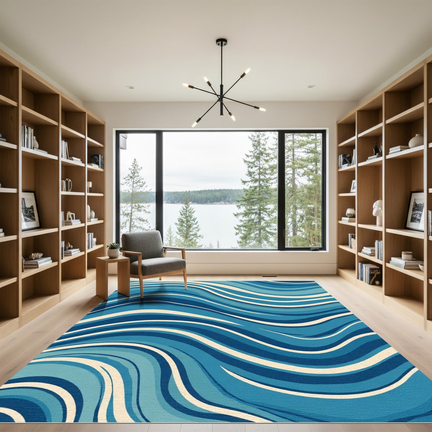 Mid Century Blue Wave Abstract Rug