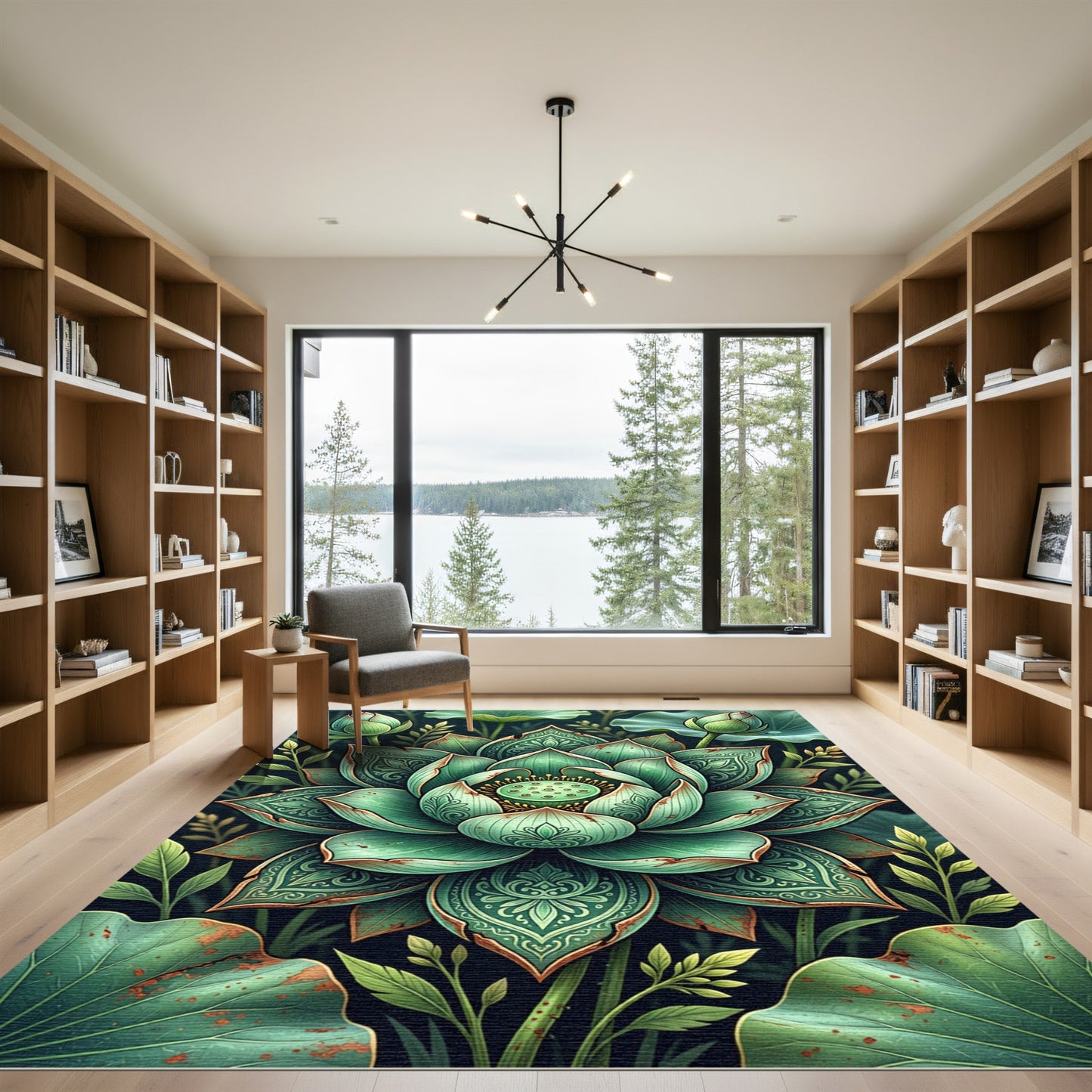Emerald Lotus Ornamental Botanical Art Rug