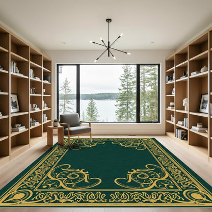 Emerald Gold Ornate Scrollwork Border Rug