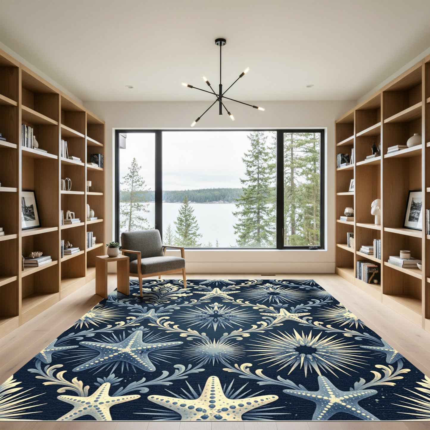 Blue Starfish Floral Damask Rug