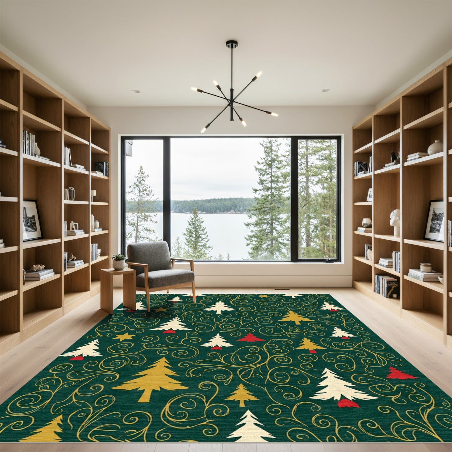 Festive Green Gold Christmas Tree Swirls Rug