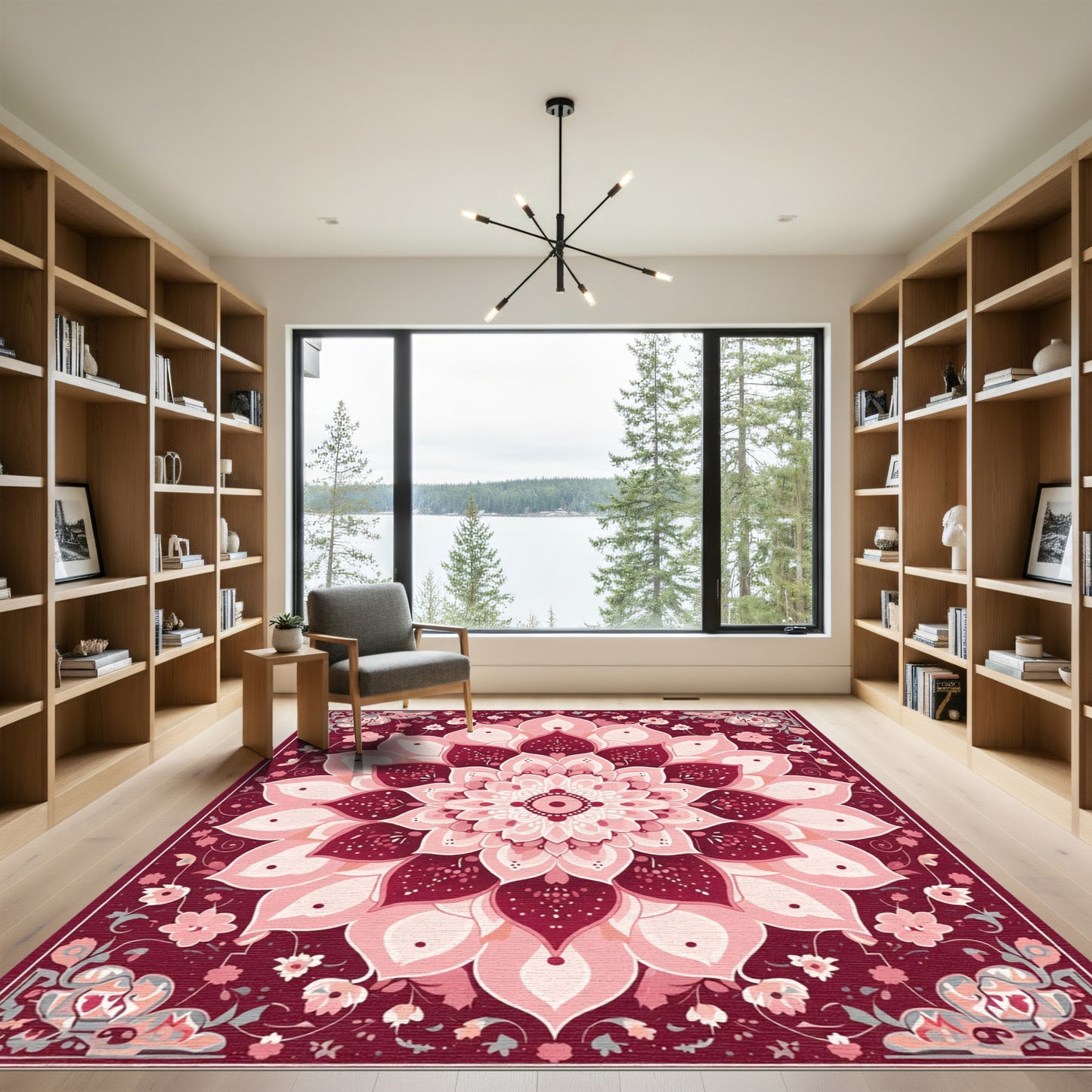 Crimson Floral Radiant Mandala Rug
