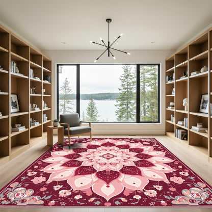 Crimson Floral Radiant Mandala Rug