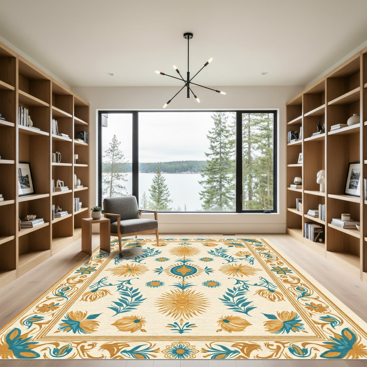 Teal Gold Floral Sunburst Border Rug