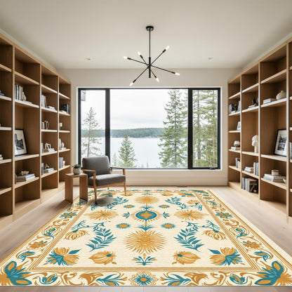 Teal Gold Floral Sunburst Border Rug