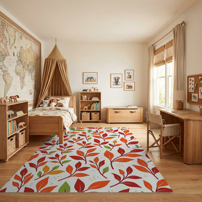 Vibrant Red Orange Green Leaves Rug
