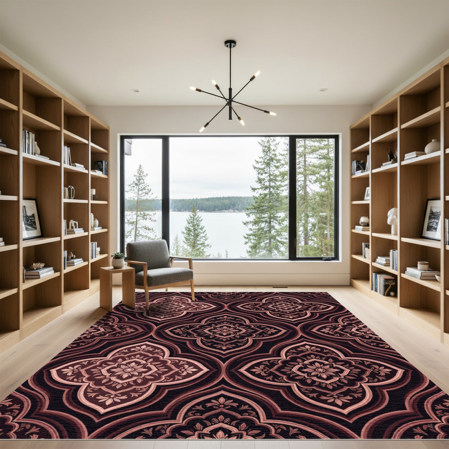 Elegant Burgundy Damask Floral Lattice Rug