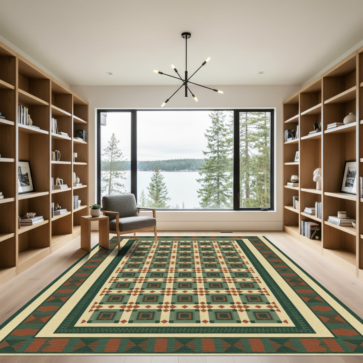 Geometric Square Red Green Cream Rug